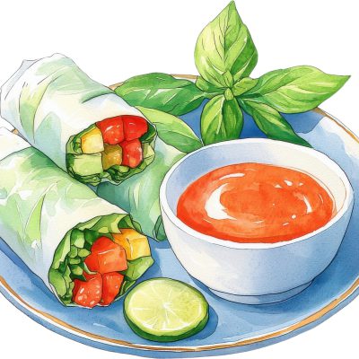 Chinese food watercolor clipart. Fresh vegetable spring rolls served with a tangy dipping sauce and lime slice, perfect for healthy eating.