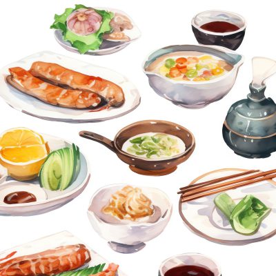 Watercolor Japanese food. Hand painted food objects: teapot and